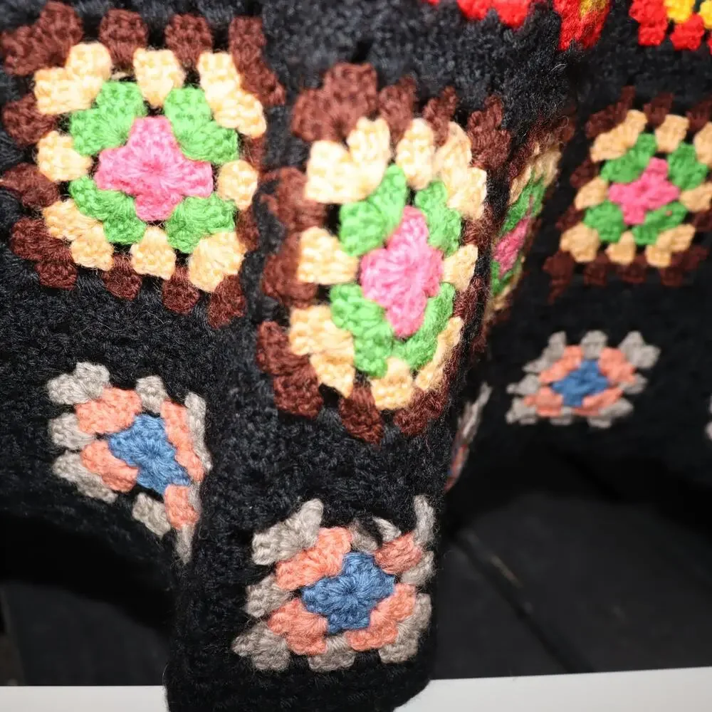 Vintage Granny‎ Square Crochet Blanket 60x50 Black Multicolor